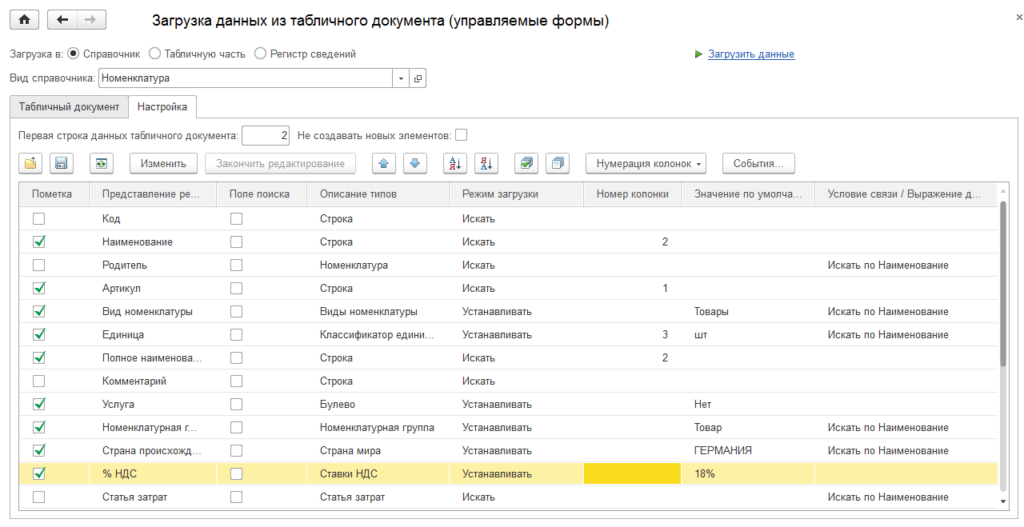 Выгрузка номенклатуры excel ert